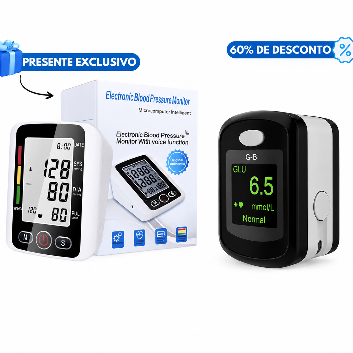 Medidor de Glicose Glucomax no Sangue Não Invasivo (garantia de 5 anos) + Tensiómetro eletrónico