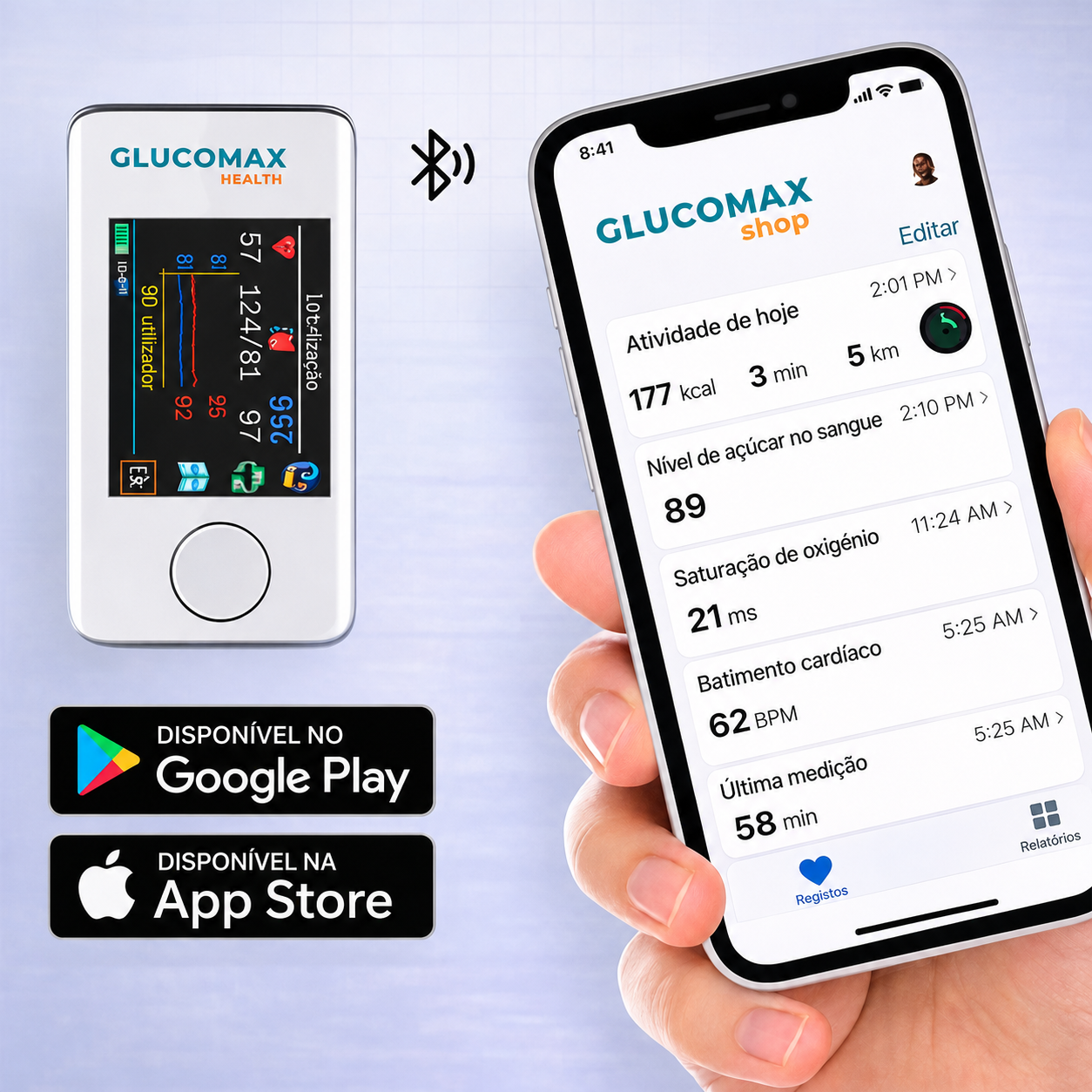 Medidor de glicose GLUCOMAX no sangue multifuncional + Tensiómetro eletrónico (PRESENTE EXCLUSIVO)