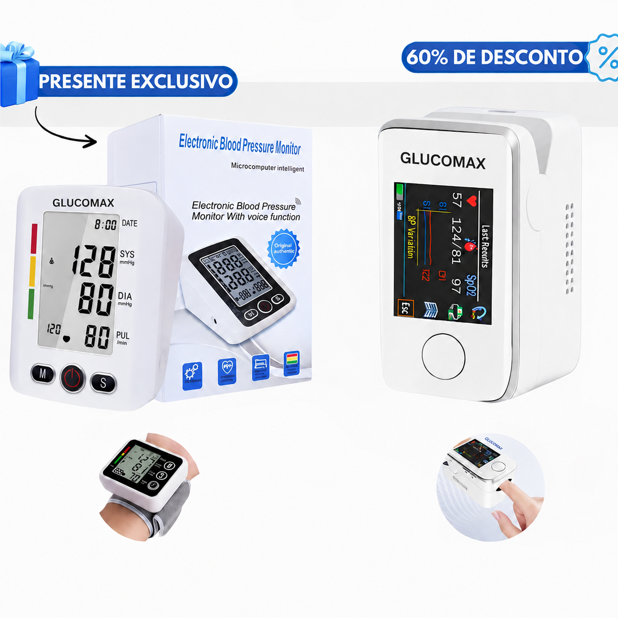 Medidor de glicose GLUCOMAX no sangue multifuncional + Tensiómetro eletrónico (PRESENTE EXCLUSIVO)